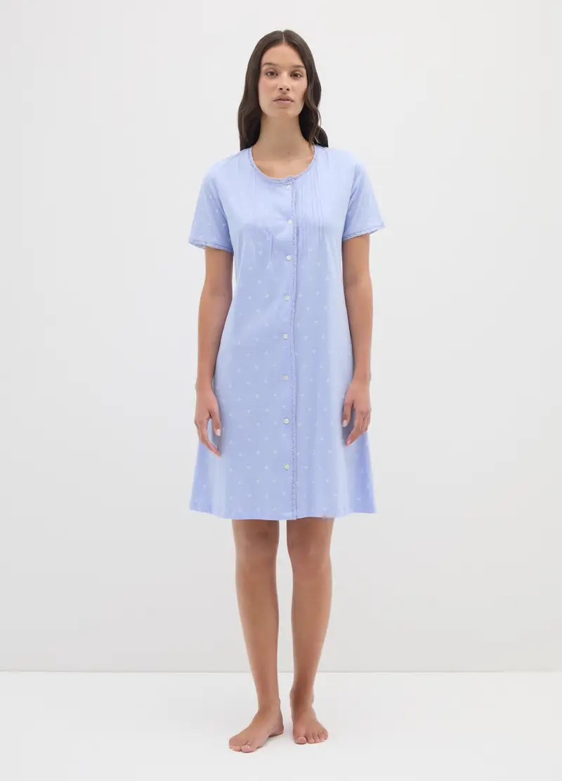 Camicia Da Notte In Puro Cotone Azzurro Con Micro Fantasia, Donna, Azzurro miniatura 3