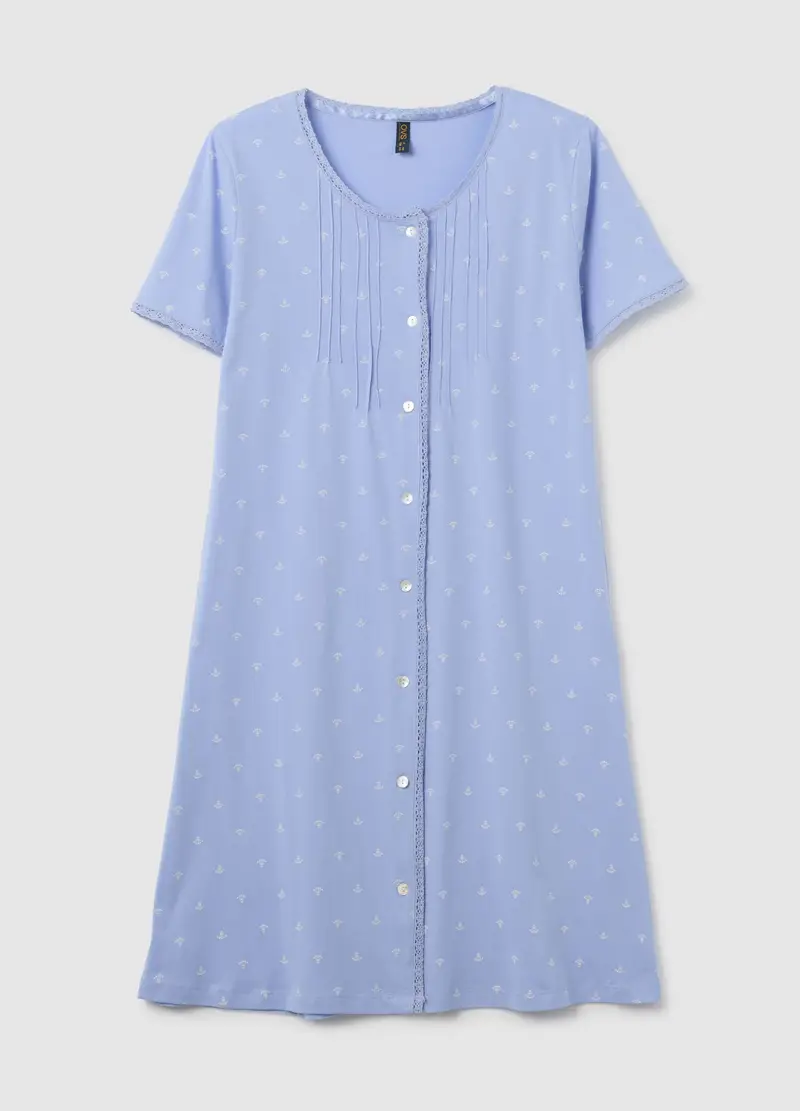 Camicia Da Notte In Puro Cotone Azzurro Con Micro Fantasia, Donna, Azzurro