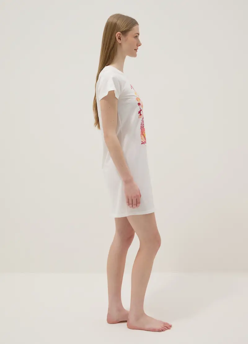 Camicia Da Notte In Puro Cotone Bianca Regular Fit Con Stampa Floreale, Donna, Bianco miniatura 2