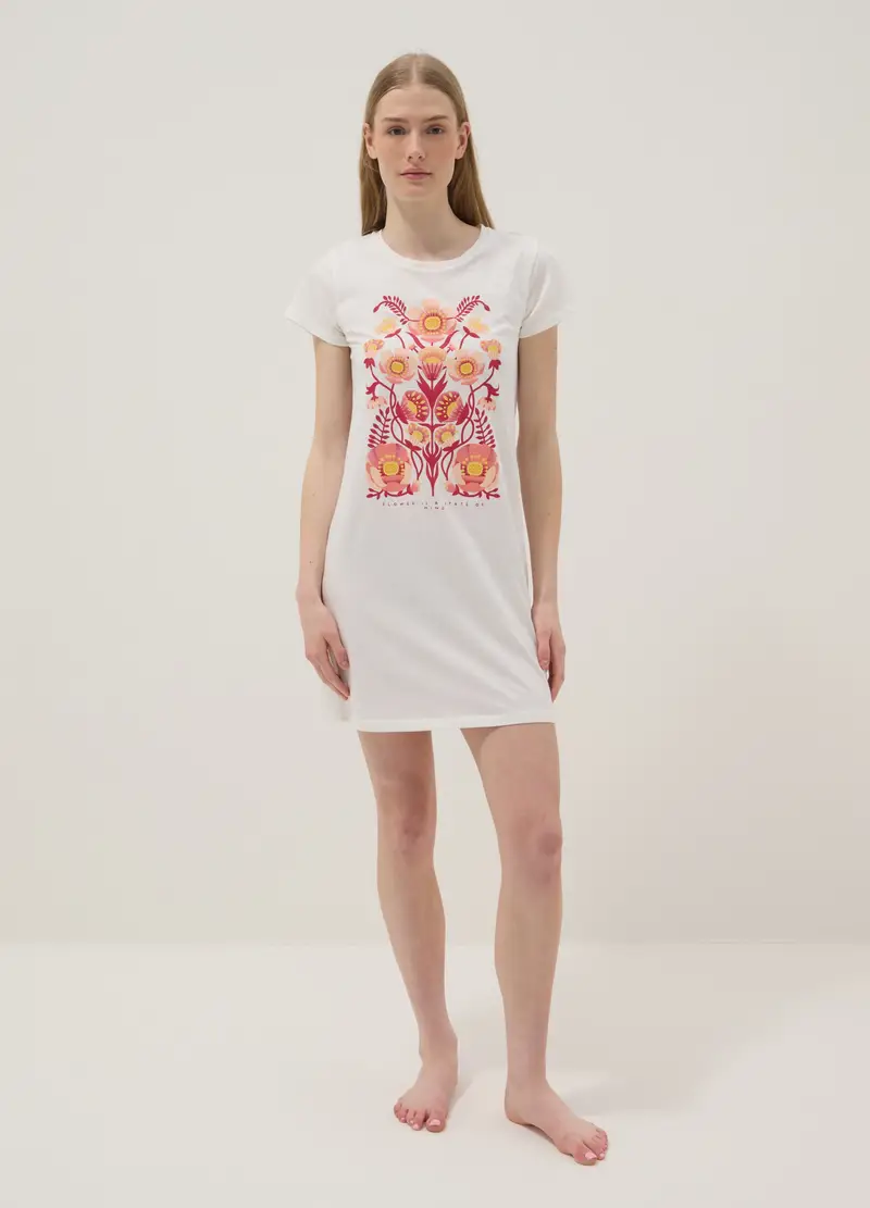 Camicia Da Notte In Puro Cotone Bianca Regular Fit Con Stampa Floreale, Donna, Bianco