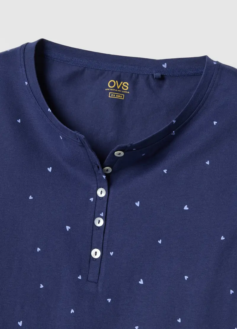 Camicia Da Notte In Puro Cotone Blu Con Cuoricini E Collo Serafino, Donna, Blu miniatura 2
