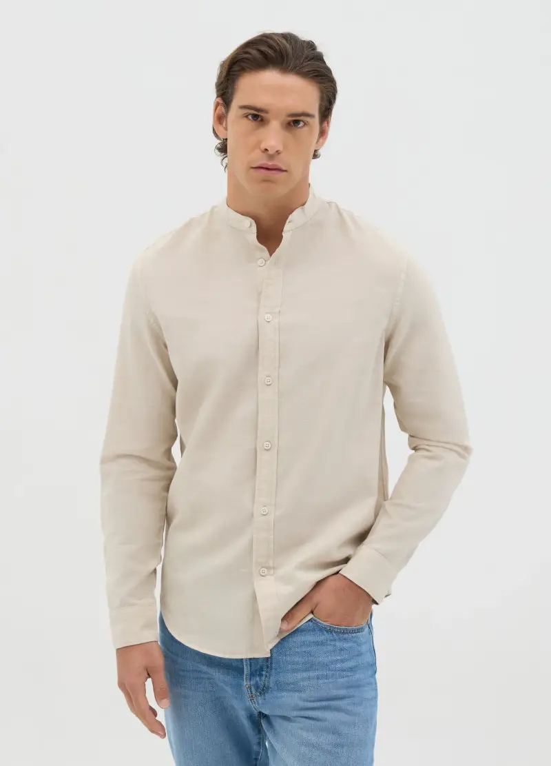 Camicia Da Uomo In Cotone E Lino Beige Regular Fit, Beige