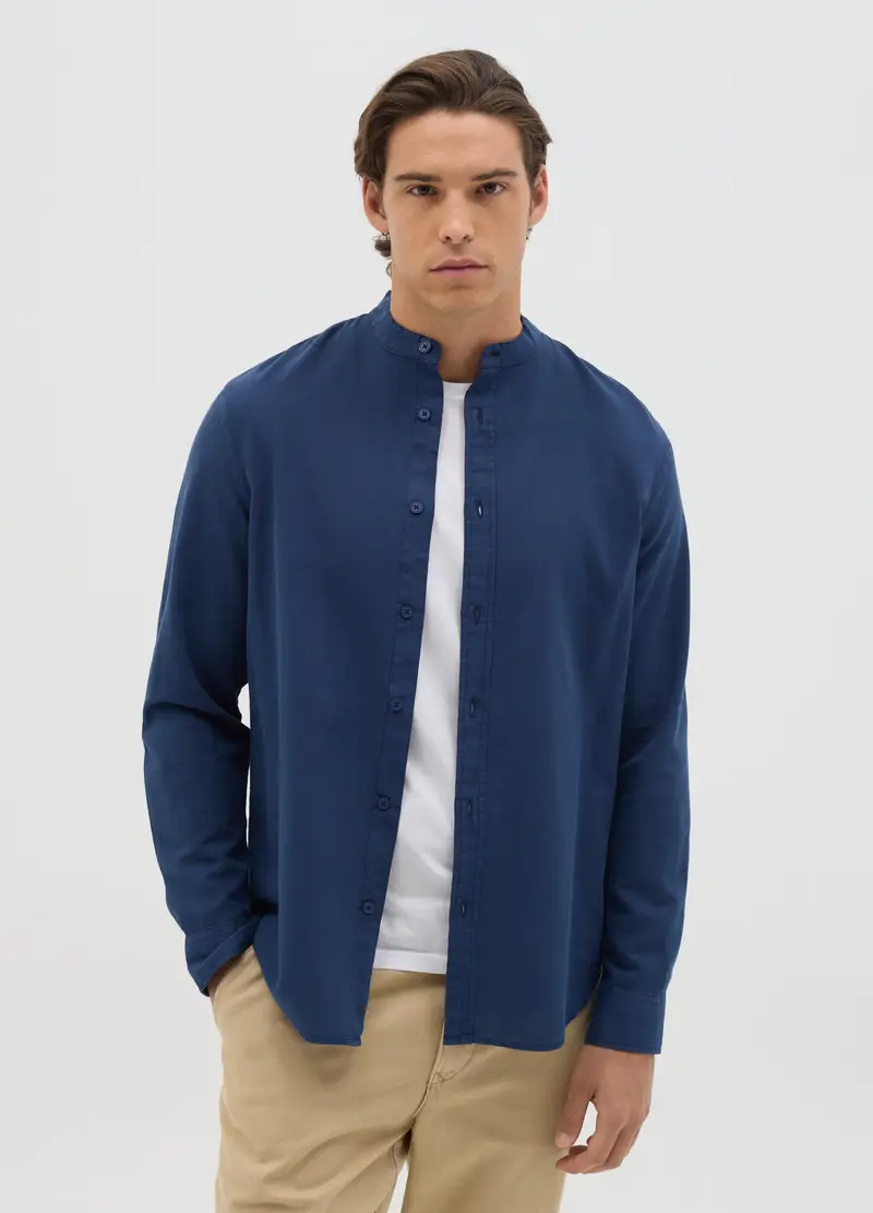 Camicia Da Uomo In Cotone E Lino Blu Regular Fit Con Collo Coreano, Blu miniatura 2