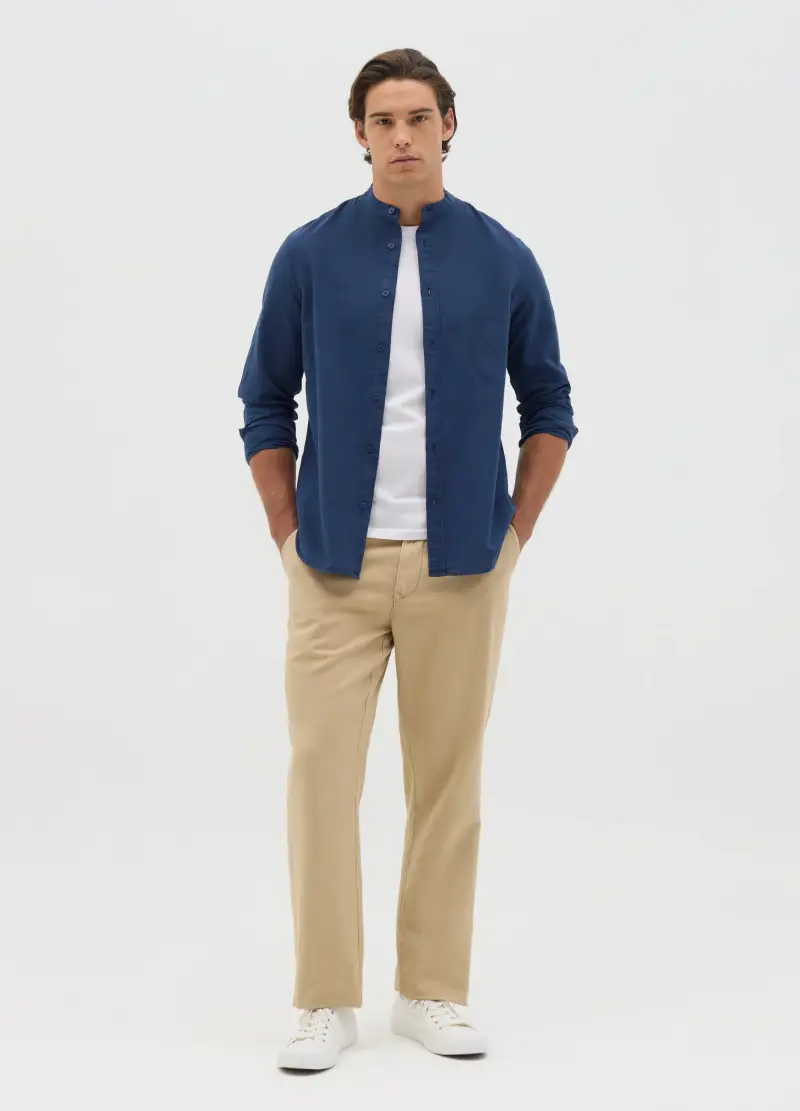 Camicia Da Uomo In Cotone E Lino Blu Regular Fit Con Collo Coreano, Blu