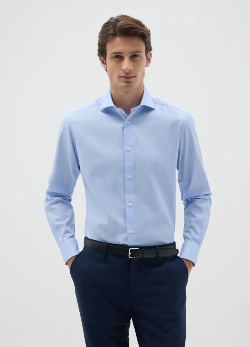 Camicia Da Uomo In Puro Cotone Azzurra Slim Fit, Azzurro