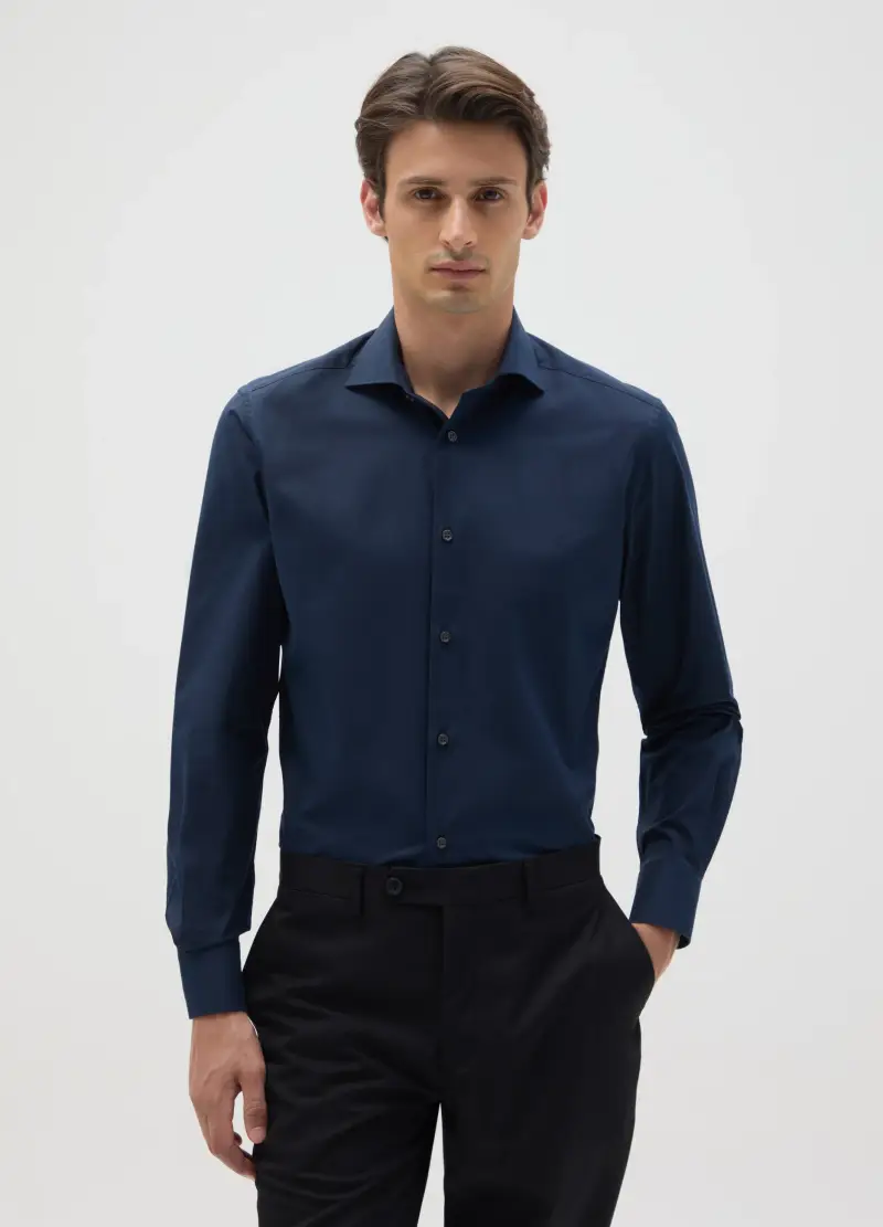 Camicia Da Uomo In Puro Cotone Blu Slim Fit, Blu