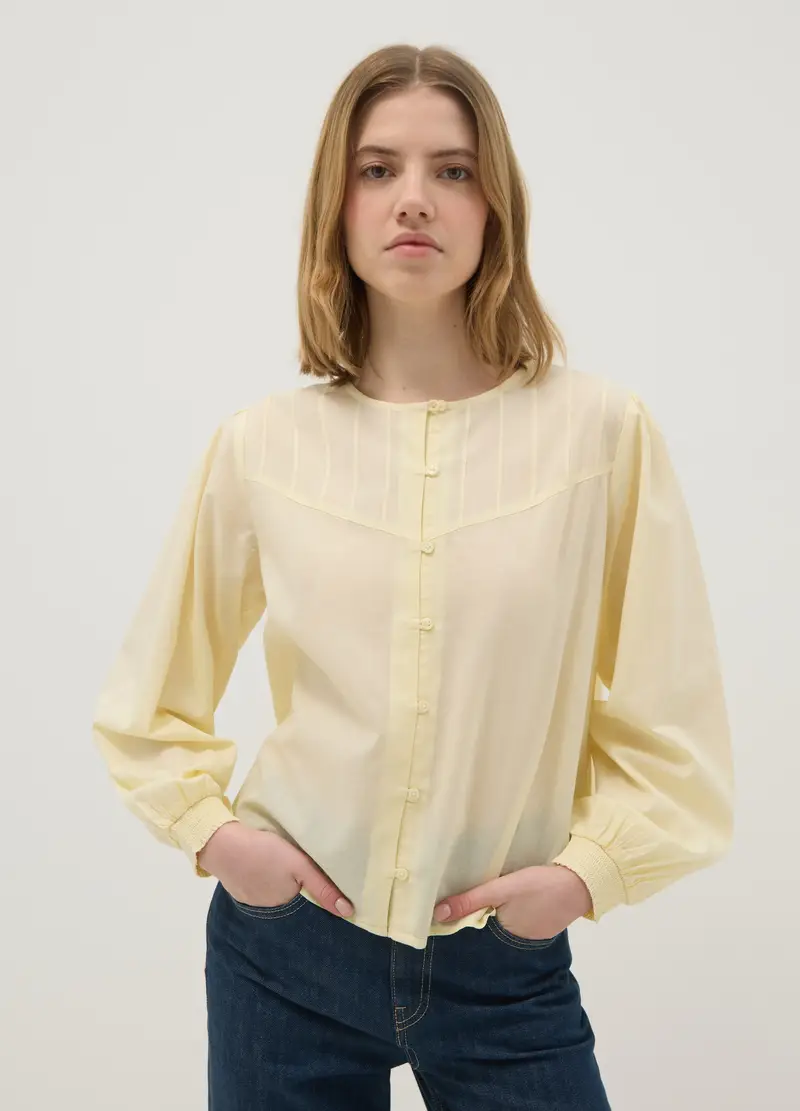 Camicia Gialla In Puro Cotone Regular Fit Con Bottoni E Collo Arrotondato, Donna, Giallo