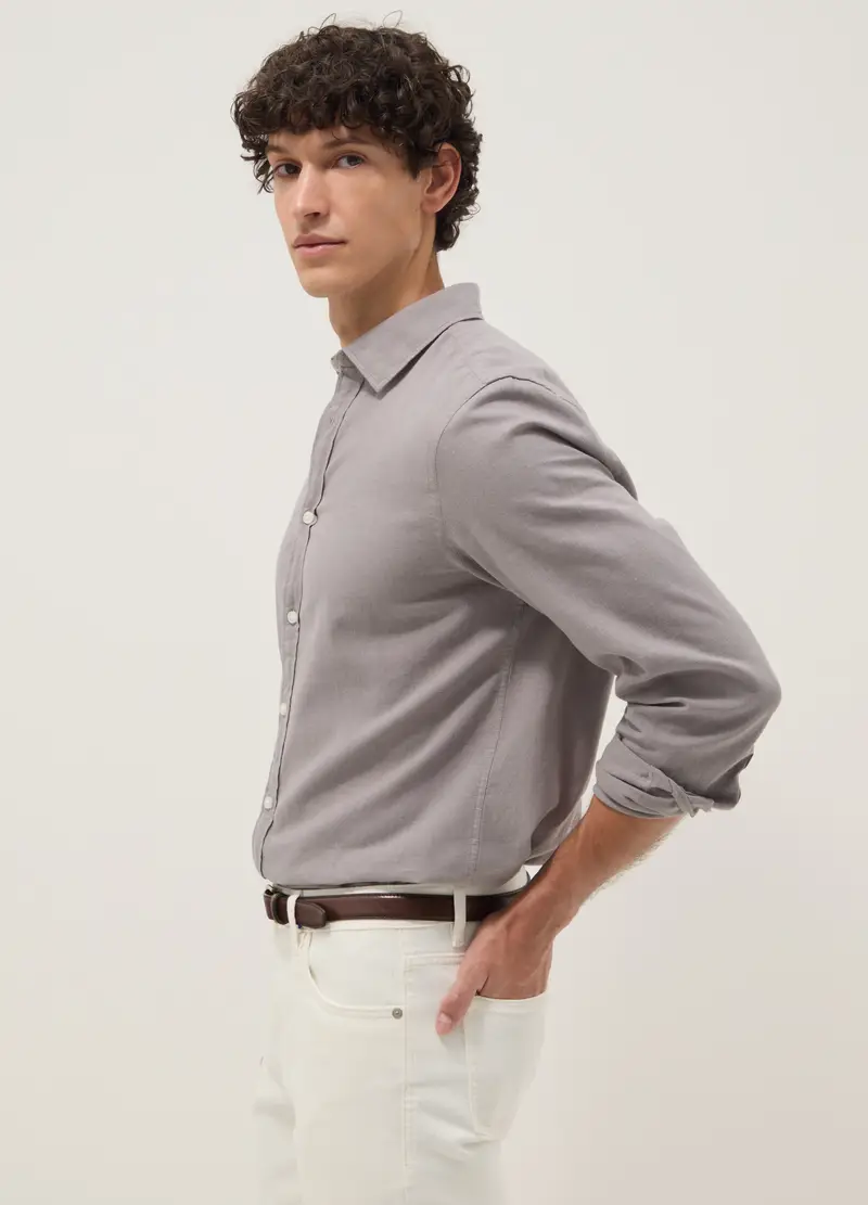 Camicia Grigia In Misto Lino E Cotone Regular Fit, Uomo, Grigio