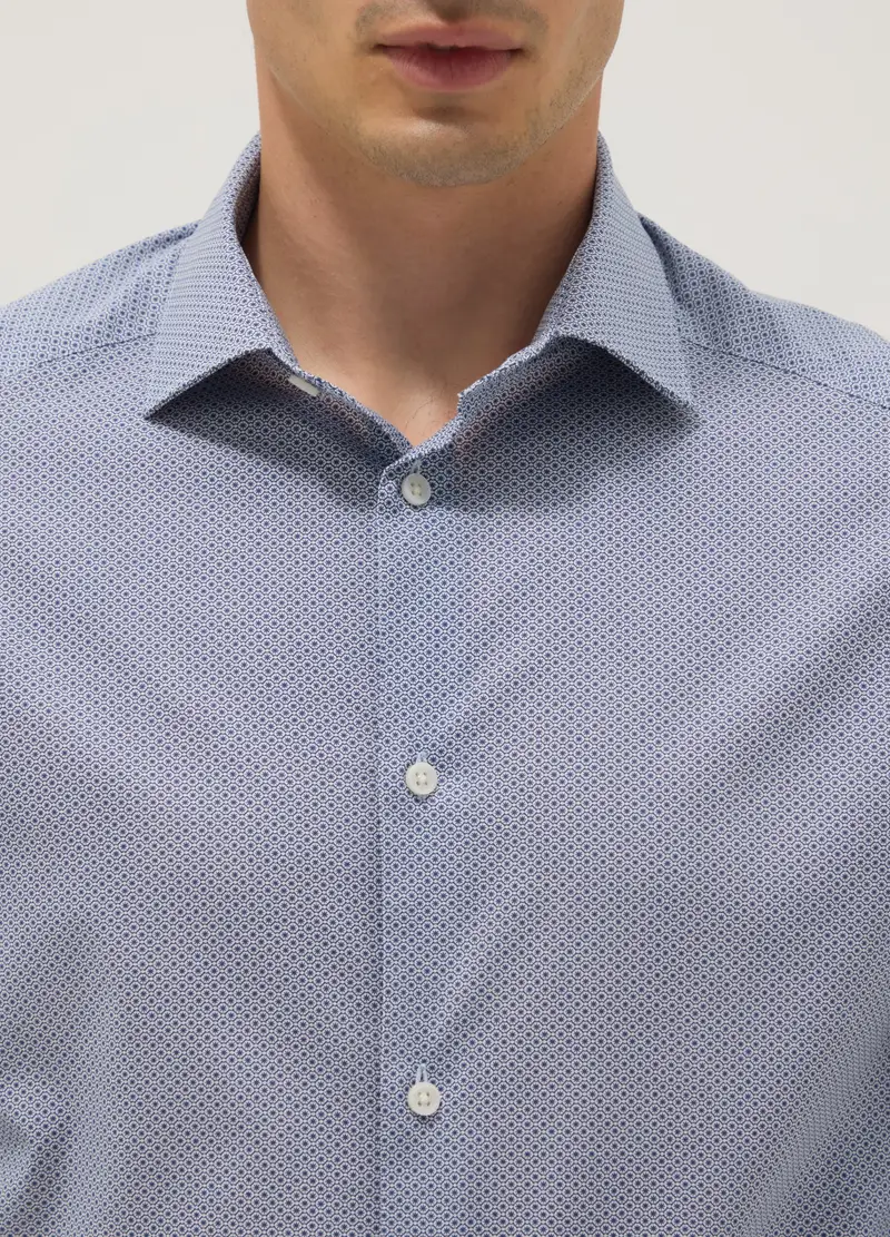Camicia In Cotone Elasticizzato Azzurra Slim Fit Con Microquadri, Uomo, Azzurro miniatura 3
