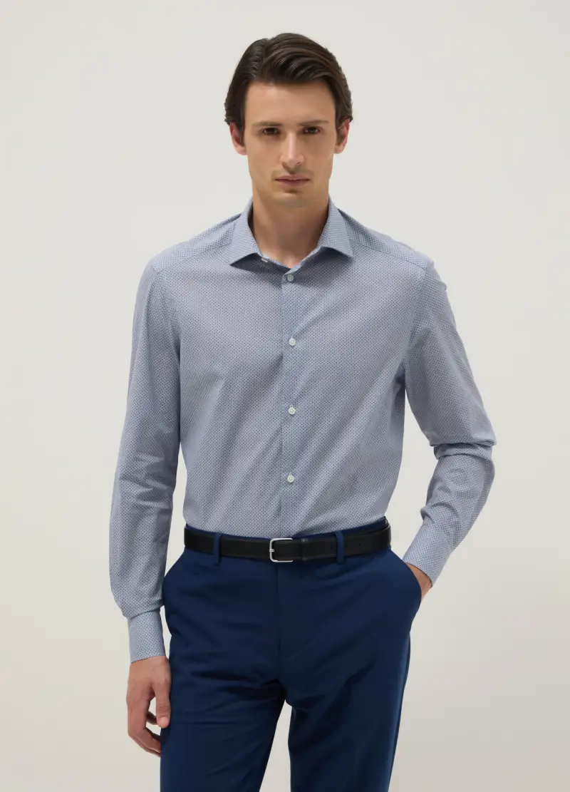 Camicia In Cotone Elasticizzato Azzurra Slim Fit Con Microquadri, Uomo, Azzurro