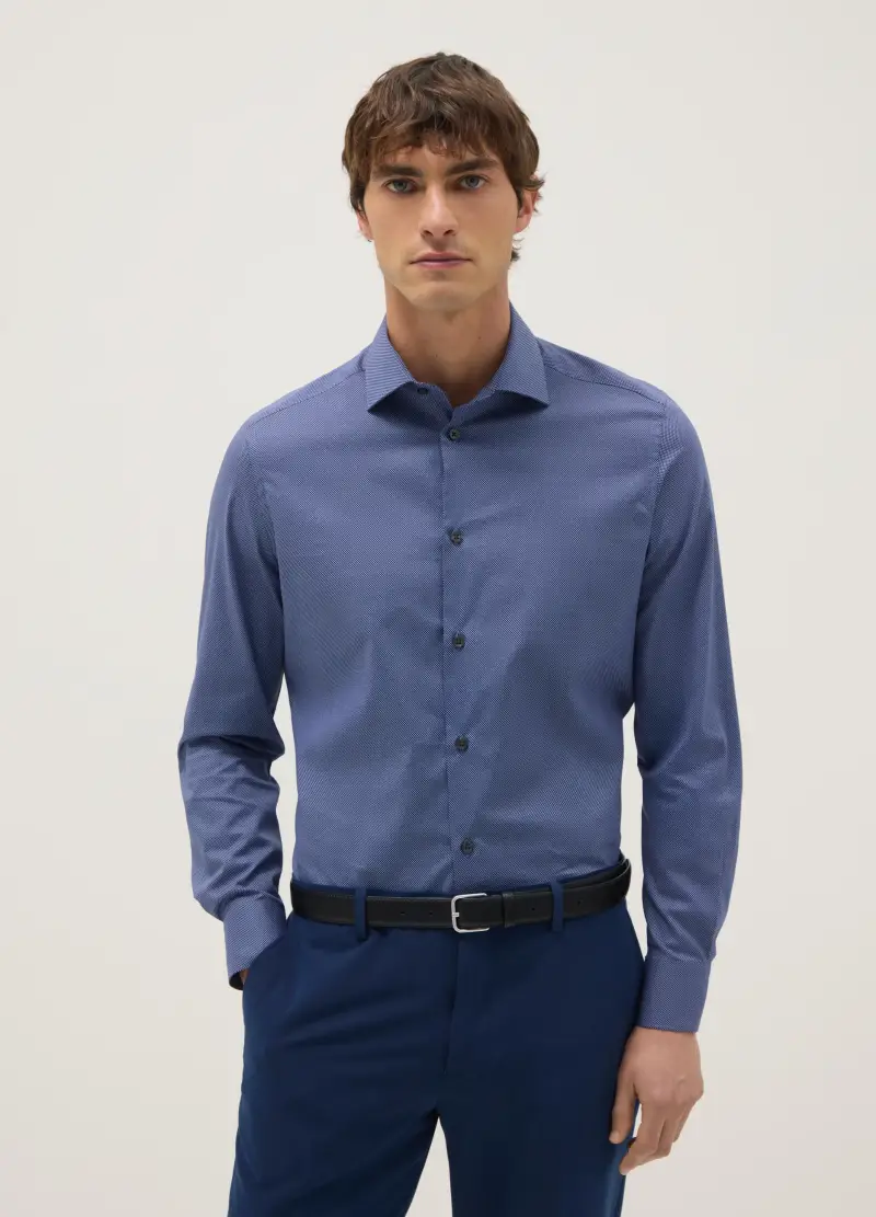 Camicia In Cotone Elasticizzato Blu Con Microquadri Slim Fit, Uomo, Blu