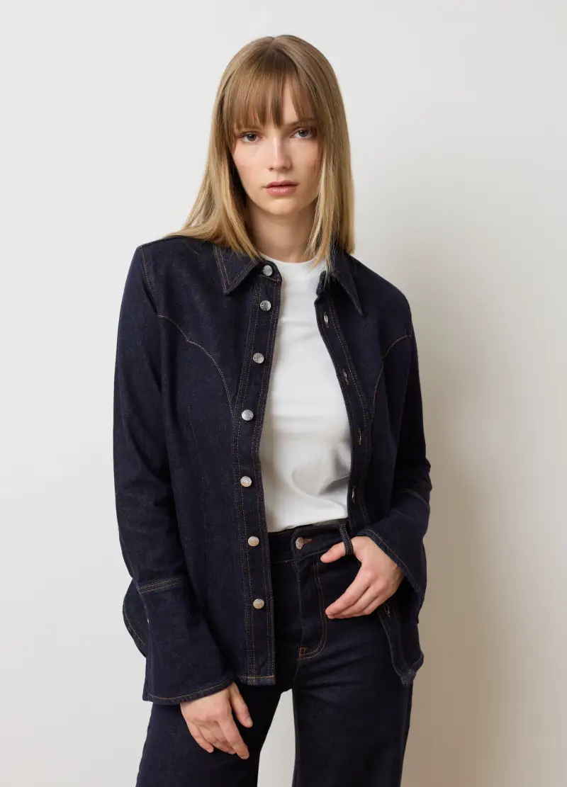 Camicia In Cotone Elasticizzato Blu Slim Fit, Donna, Blu miniatura 3