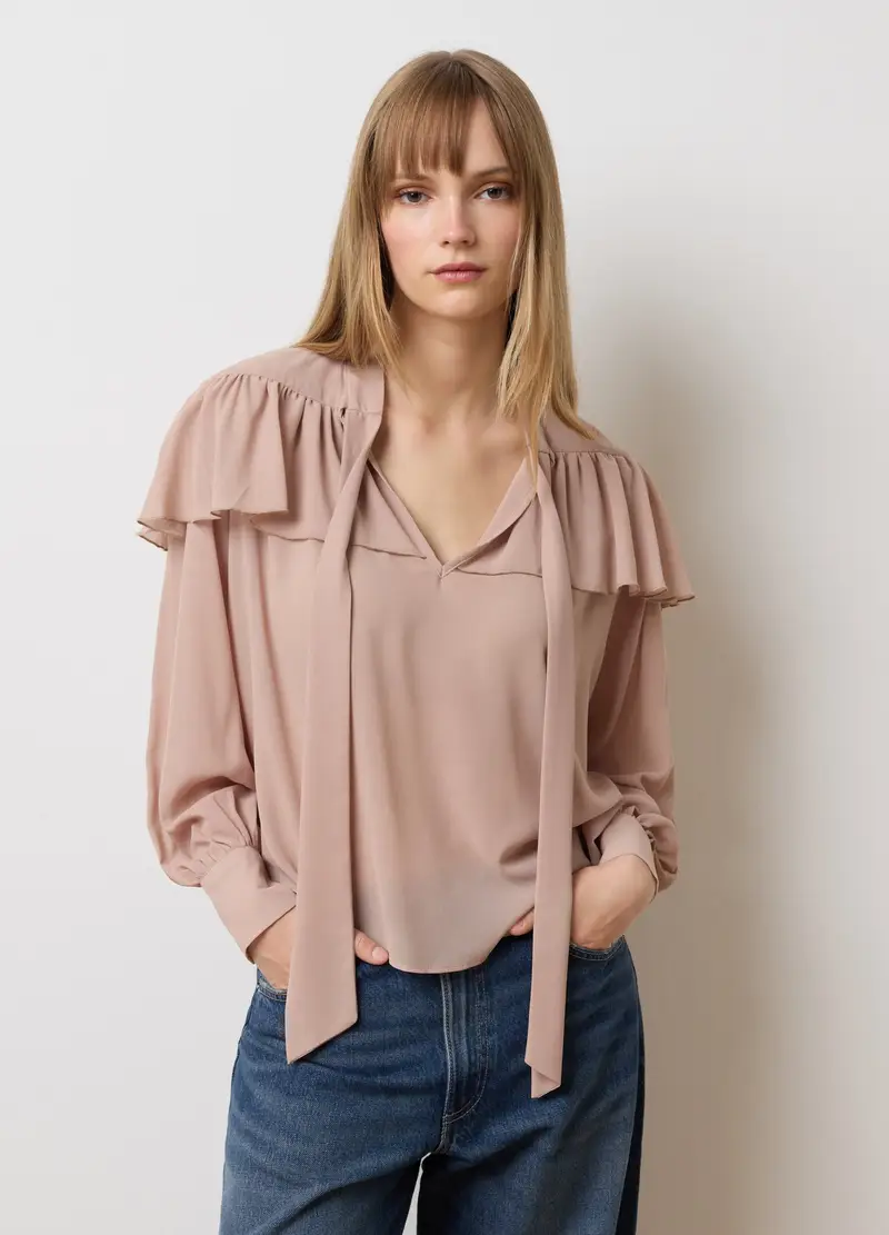 OVS, Camicia In Crepe Beige Regular Fit Con Volant, Donna, Beige, Taglia: S miniatura 2