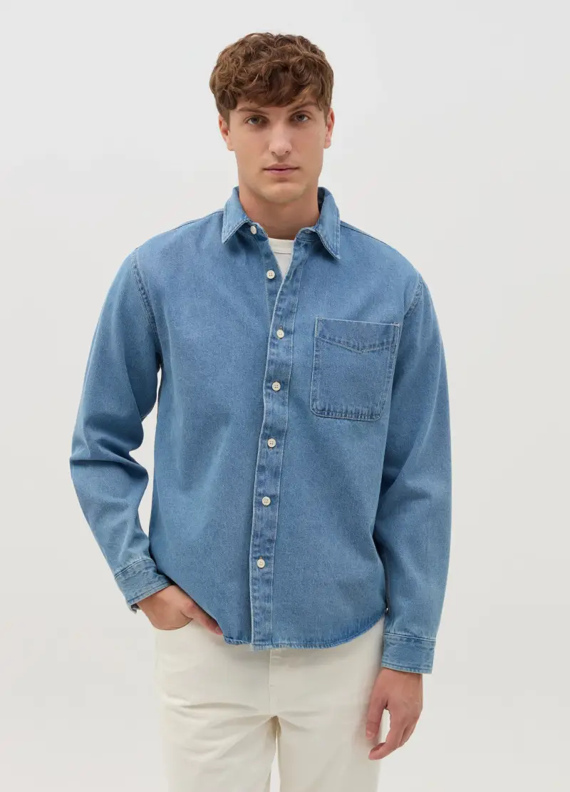 Camicia In Denim Con Tasca, Uomo, Denim miniatura 2