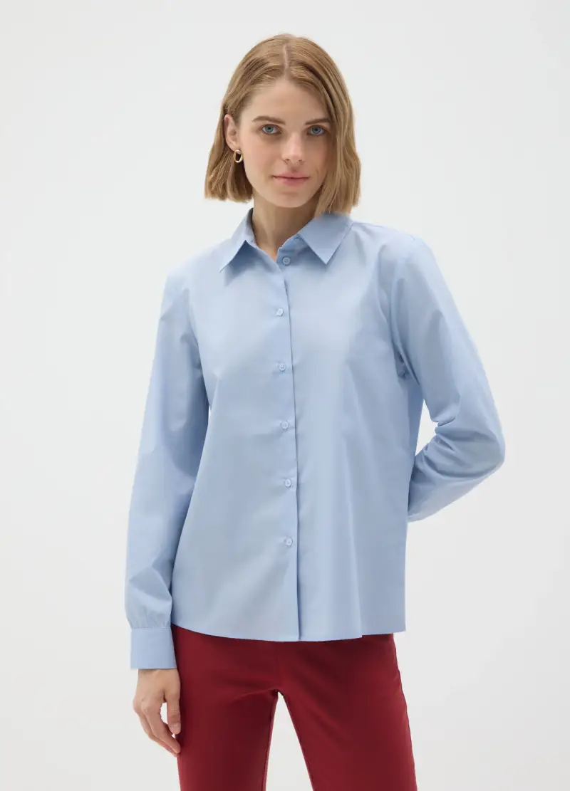 Camicia In Misto Cotone Azzurra Slim Fit, Donna, Azzurro