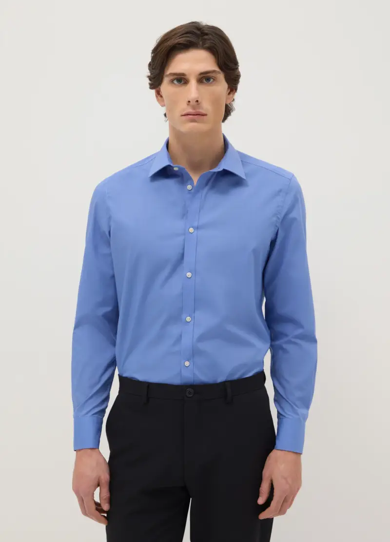 Camicia In Misto Cotone Azzurra Slim Fit Easy Iron, Uomo, Azzurro