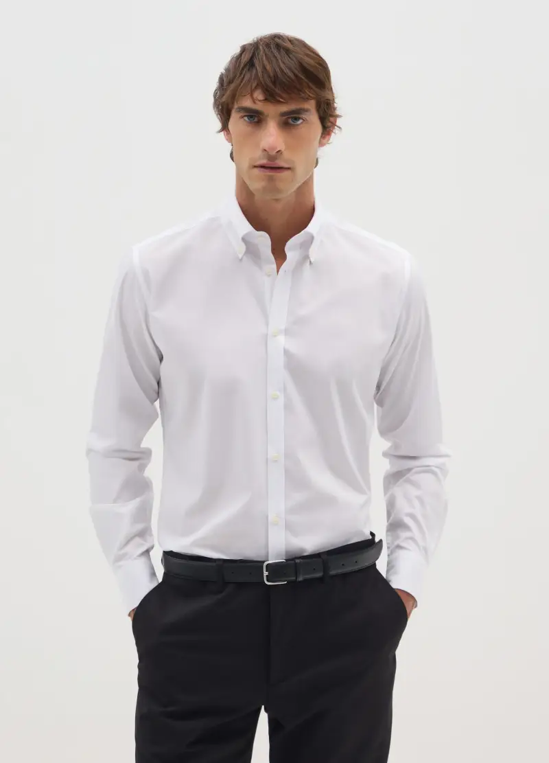 Camicia In Misto Cotone Bianca Slim Fit, Uomo, Bianco