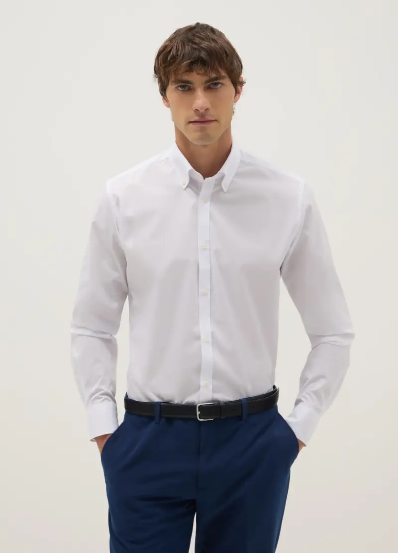Camicia In Misto Cotone Bianca Slim Fit, Uomo, Bianco