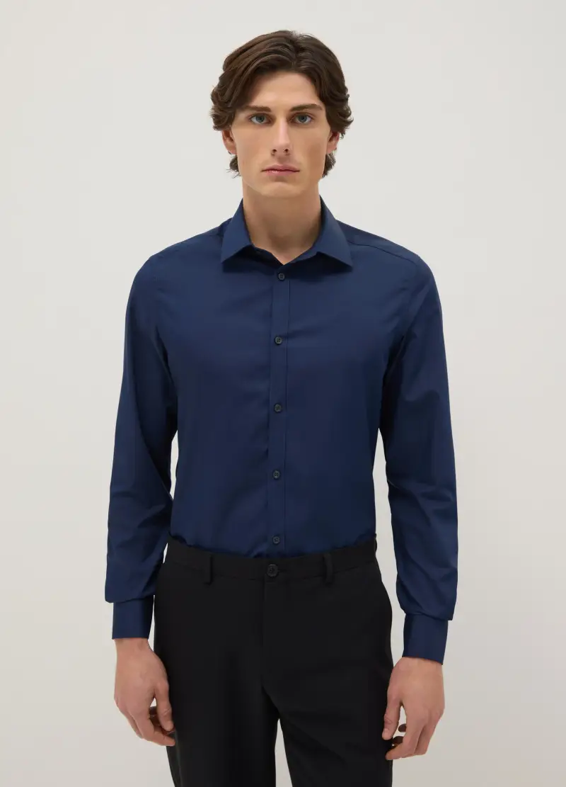 Camicia In Misto Cotone Blu Slim Fit Easy Iron, Uomo, Blu