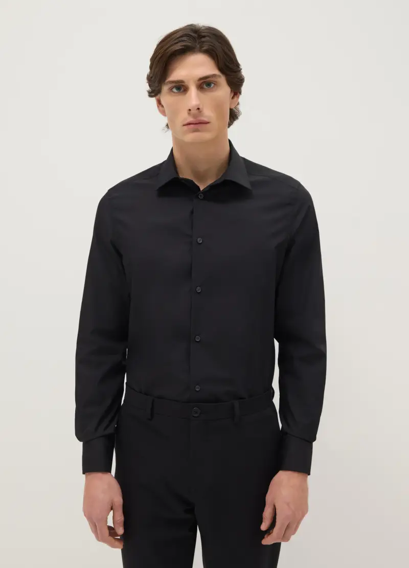 Camicia In Misto Cotone Nero Slim Fit Easy Iron, Uomo, Nero