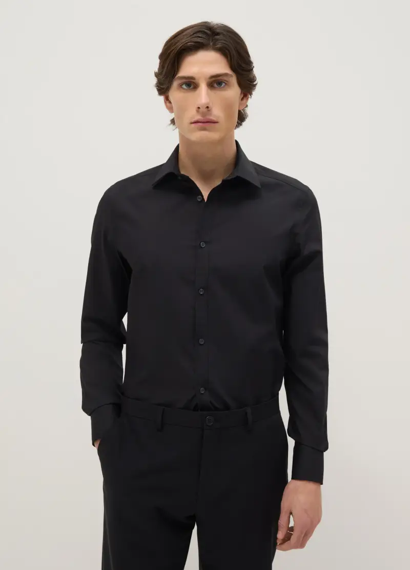 Camicia In Misto Cotone Nero Slim Fit Easy Iron, Uomo, Nero