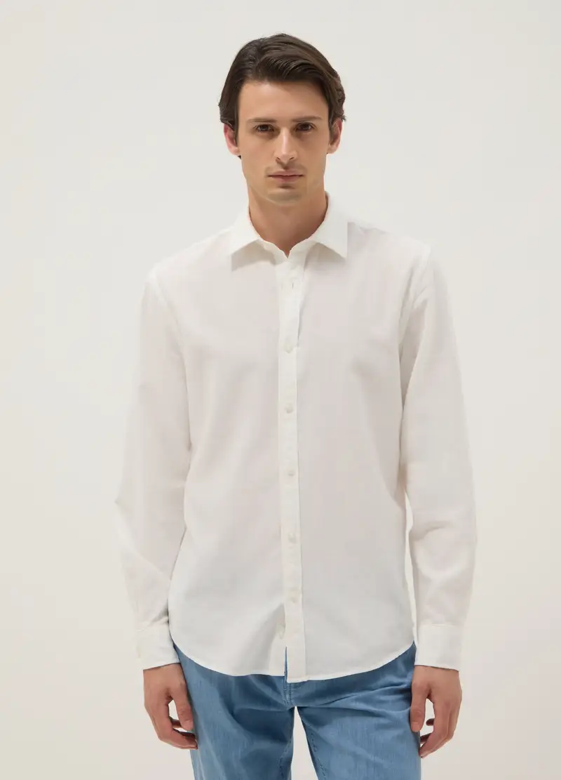 Camicia In Misto Lino E Cotone Bianca Regular Fit, Uomo, Bianco