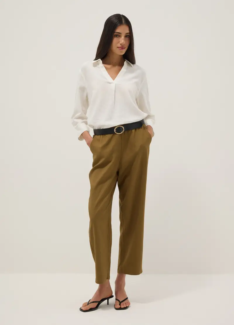 Camicia In Misto Lino E Viscosa Bianca Regular Fit Con Collo A V, Donna, Bianco miniatura 2