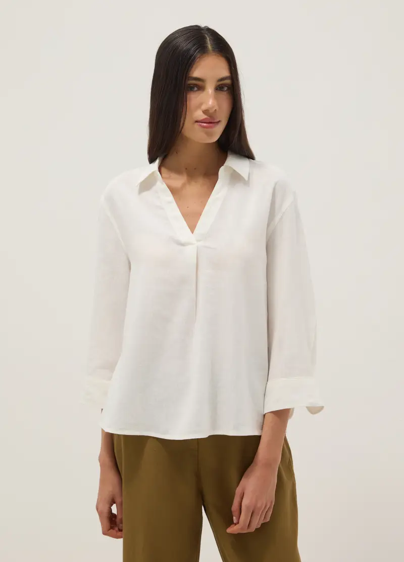 Camicia In Misto Lino E Viscosa Bianca Regular Fit Con Collo A V, Donna, Bianco miniatura 3