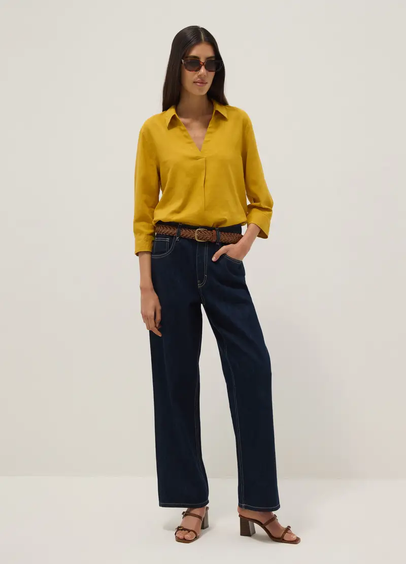 Camicia In Misto Lino E Viscosa Gialla Regular Fit Con Collo A V, Donna, Giallo miniatura 2