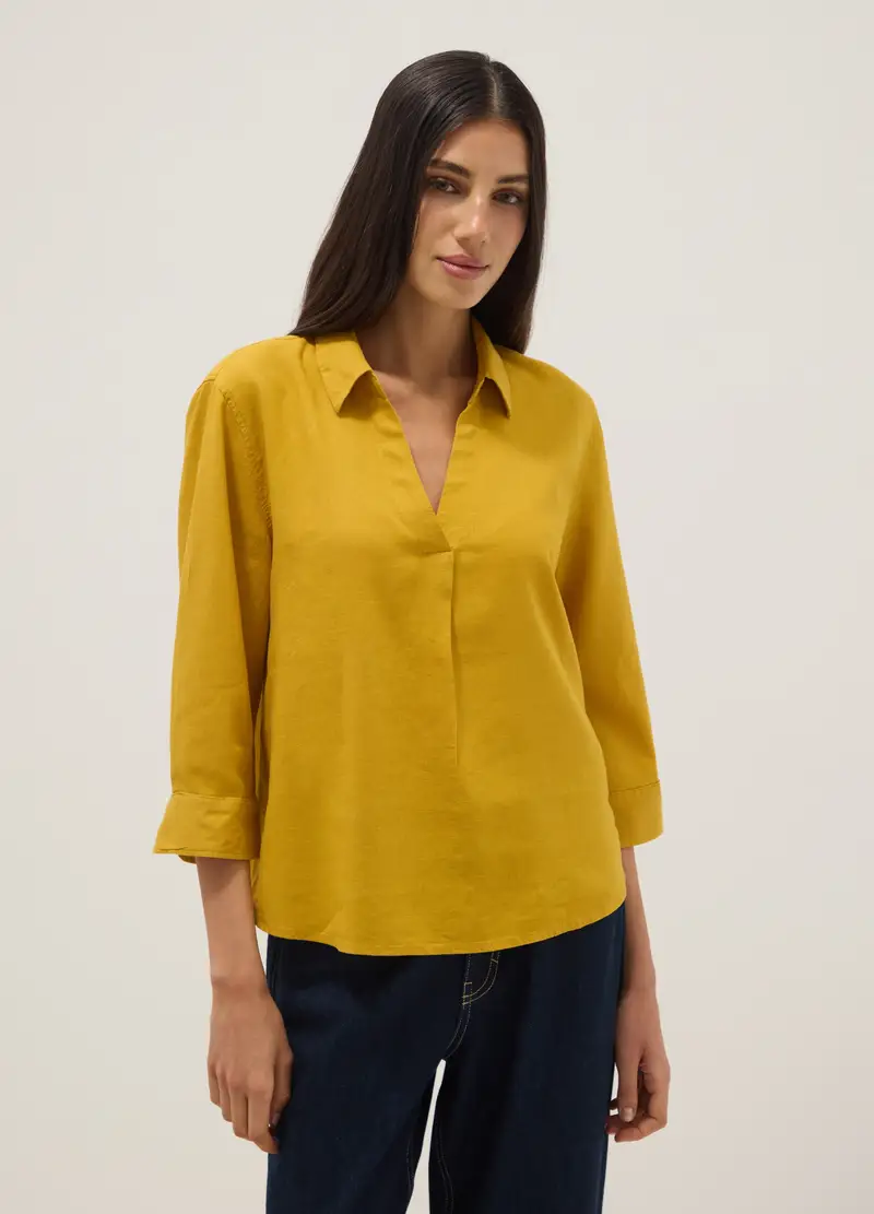 Camicia In Misto Lino E Viscosa Gialla Regular Fit Con Collo A V, Donna, Giallo miniatura 3