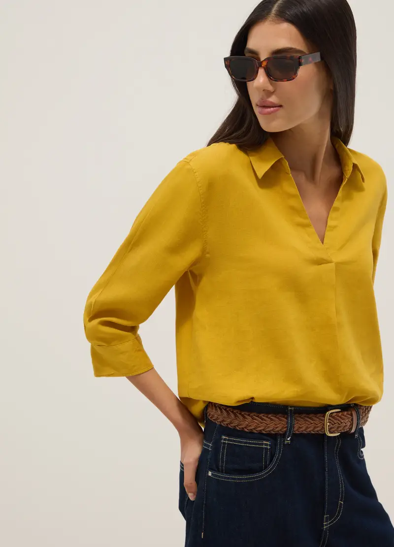 Camicia In Misto Lino E Viscosa Gialla Regular Fit Con Collo A V, Donna, Giallo
