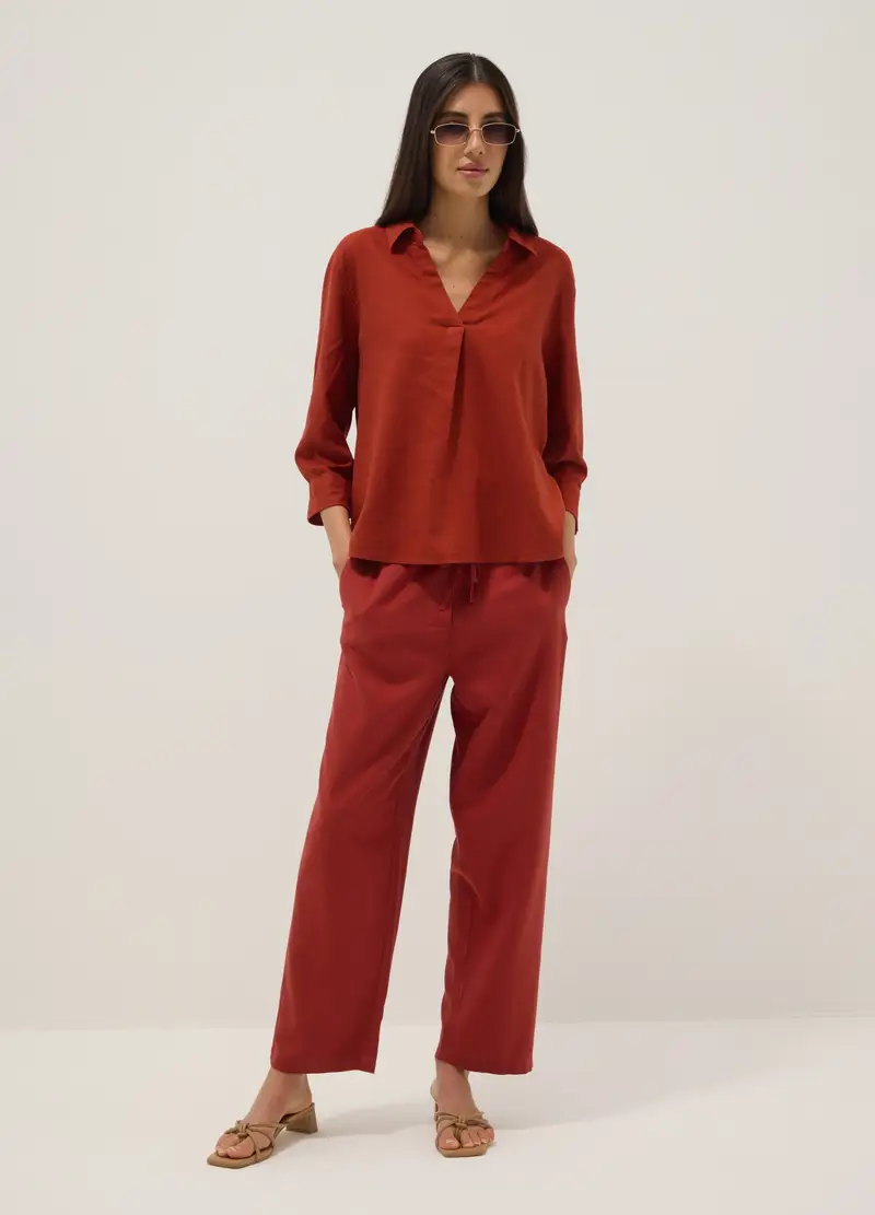 Camicia In Misto Lino E Viscosa Rossa Regular Fit Con Collo A V, Donna, Rosso miniatura 2