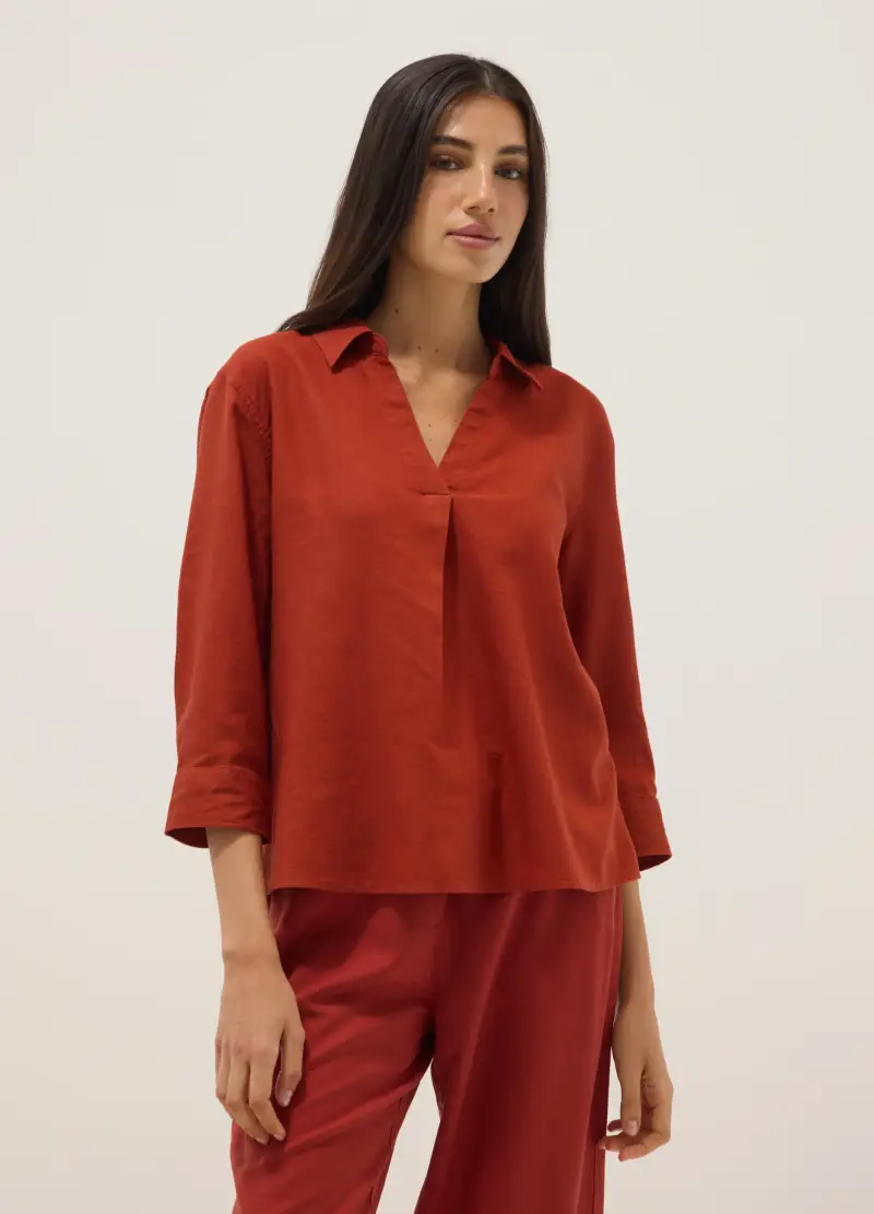 Camicia In Misto Lino E Viscosa Rossa Regular Fit Con Collo A V, Donna, Rosso miniatura 3