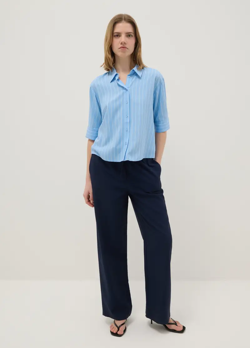 Camicia In Pura Viscosa Azzurra A Righe Regular Fit, Donna, Multicolor miniatura 2