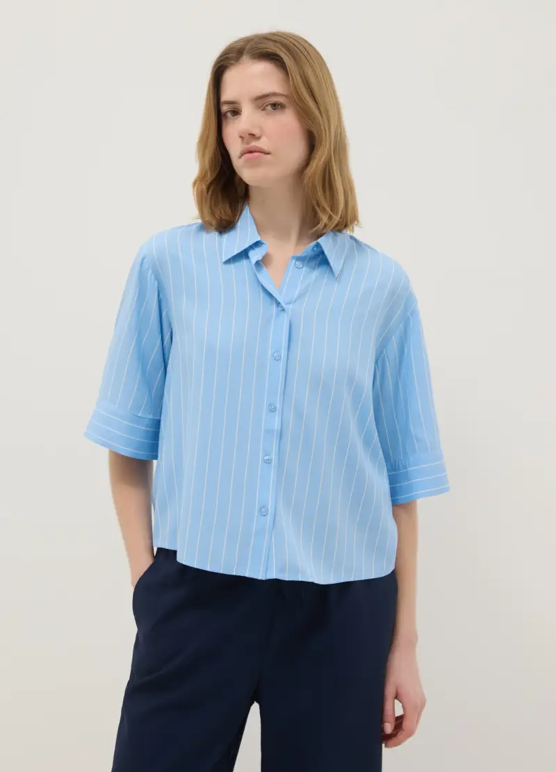 Camicia In Pura Viscosa Azzurra A Righe Regular Fit, Donna, Multicolor
