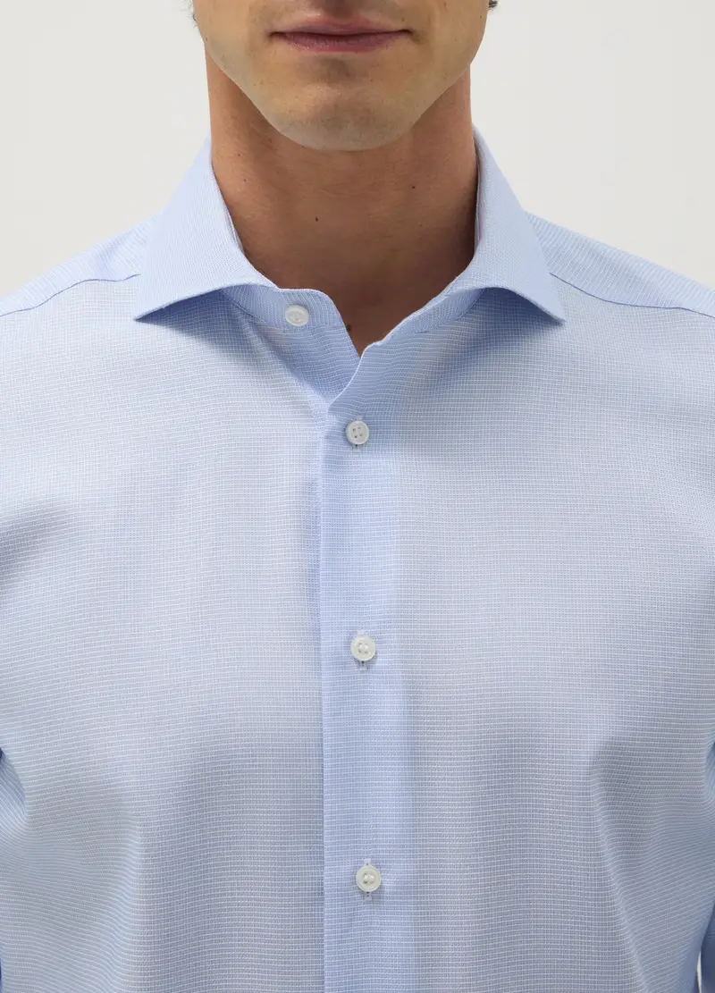 Camicia In Puro Cotone Azzurra Con Motivo A Microquadri Slim Fit, Uomo, Azzurro miniatura 2