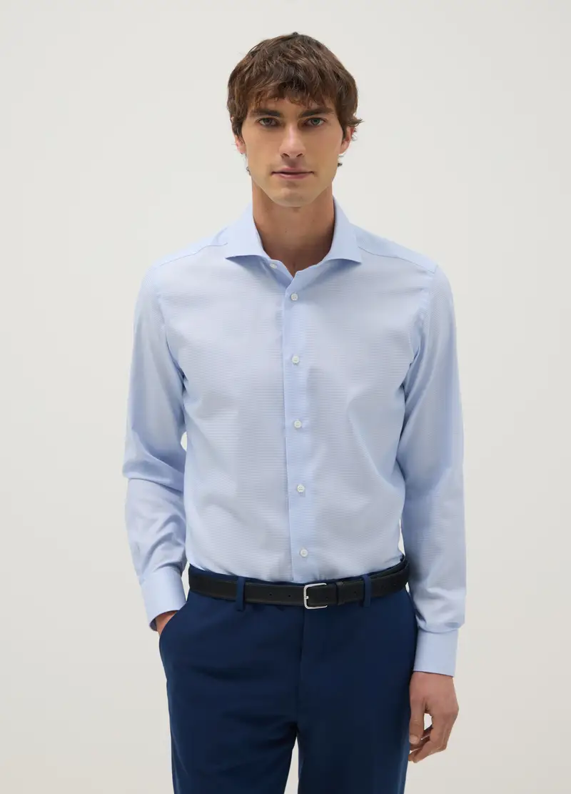 Camicia In Puro Cotone Azzurra Con Motivo A Microquadri Slim Fit, Uomo, Azzurro