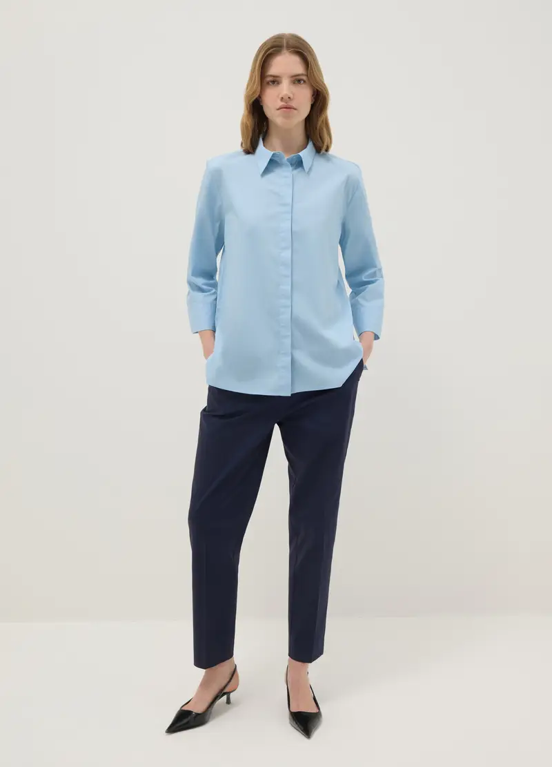 Camicia In Puro Cotone Azzurra Regular Fit Con Maniche A Tre Quarti, Donna, Azzurro miniatura 2