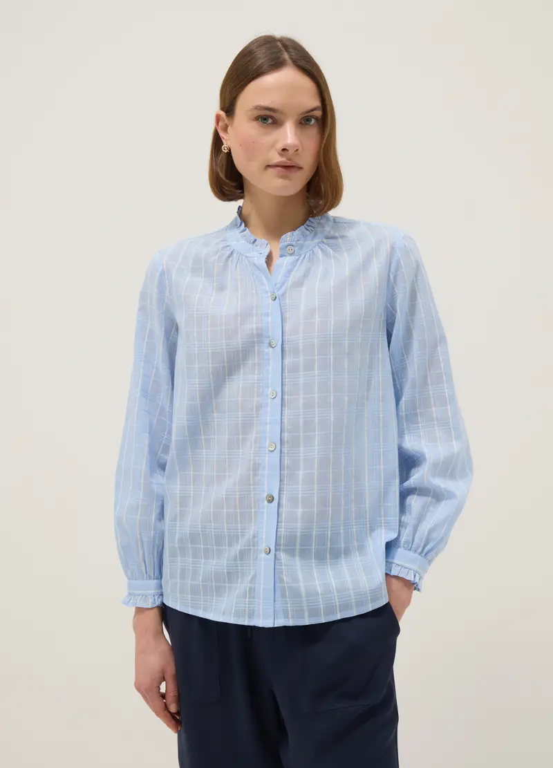Camicia In Puro Cotone Azzurra Regular Fit Con Motivo A Quadri, Donna, Azzurro miniatura 2