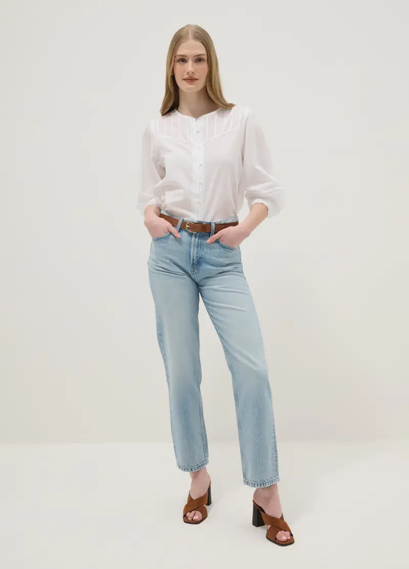 Camicia In Puro Cotone Bianca Regular Fit Con Bottoni E Collo Arrotondato, Donna, Bianco miniatura 2