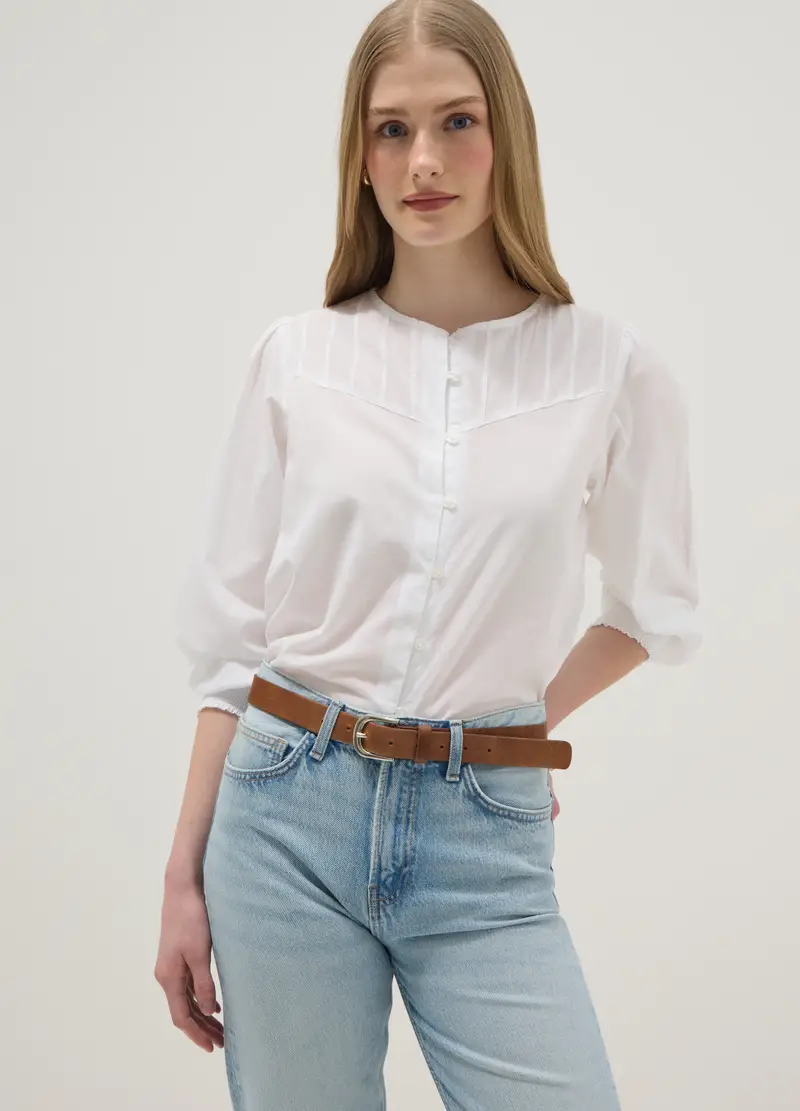 Camicia In Puro Cotone Bianca Regular Fit Con Bottoni E Collo Arrotondato, Donna, Bianco