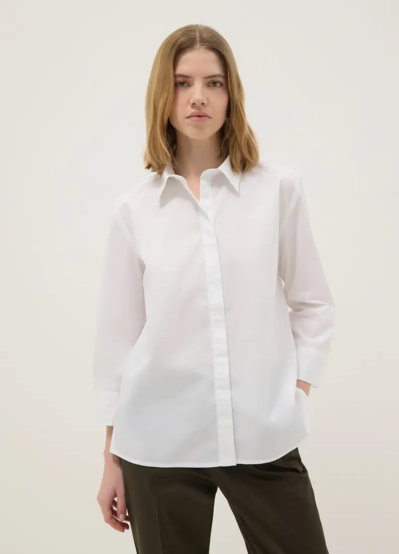 Camicia In Puro Cotone Bianca Regular Fit Con Maniche A Tre Quarti, Donna, Bianco