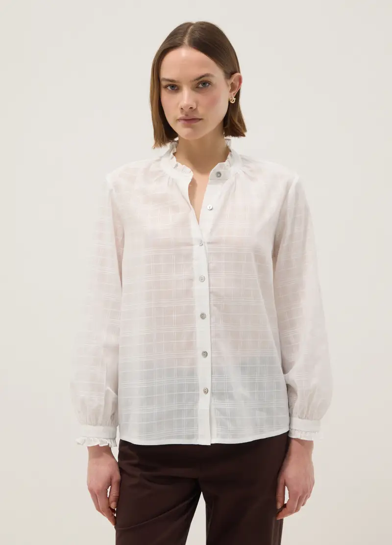 Camicia In Puro Cotone Bianca Regular Fit Con Motivo A Quadri, Donna, Bianco miniatura 2