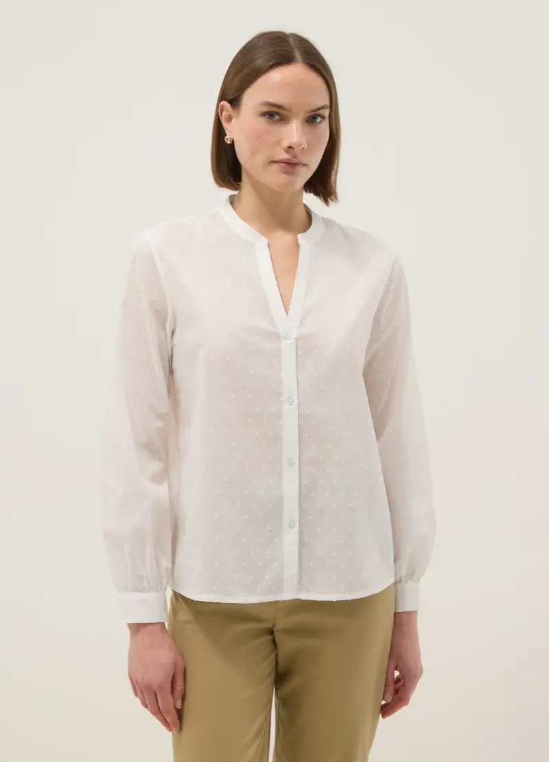 Camicia In Puro Cotone Bianca Regular Fit Deep V Con Pois, Donna, Bianco