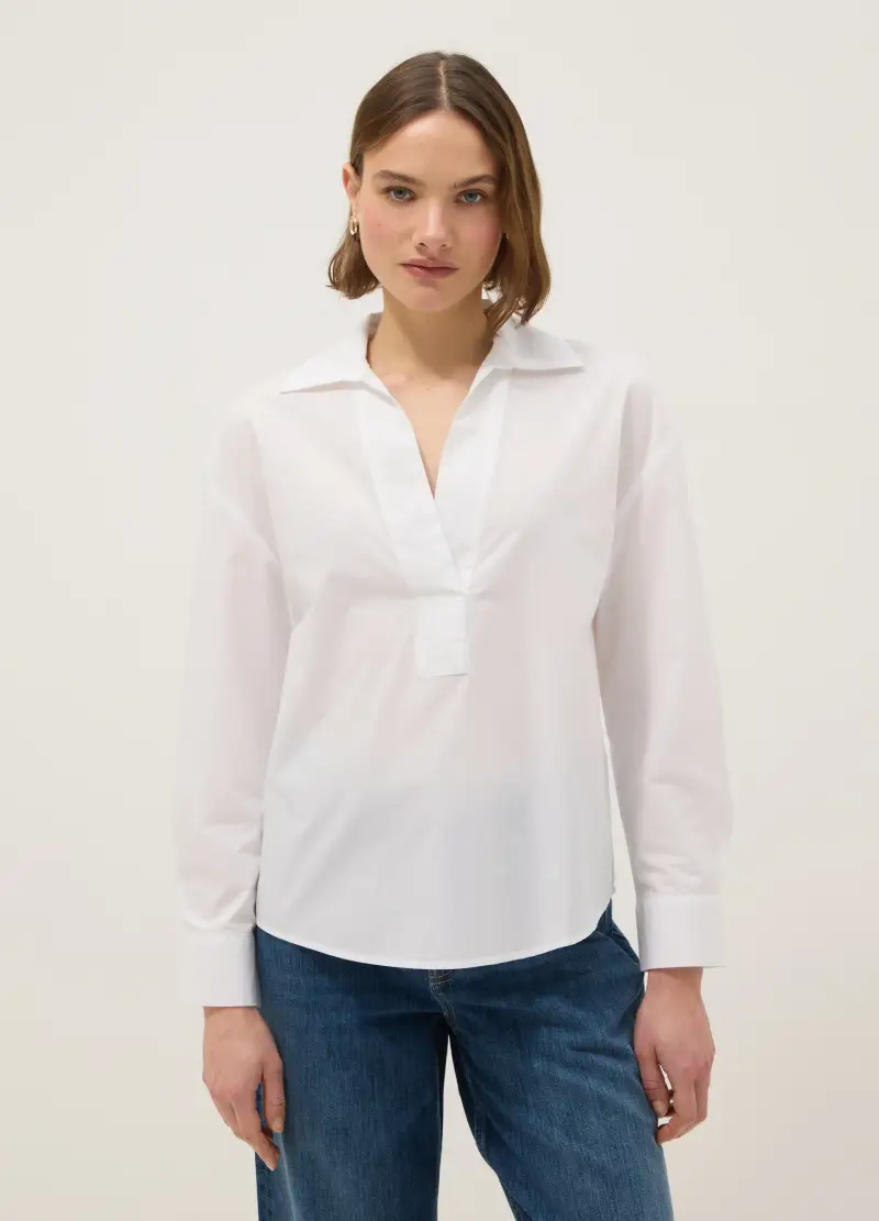 Camicia In Puro Cotone Bianca Regular Fit Senza Bottoni, Donna, Bianco