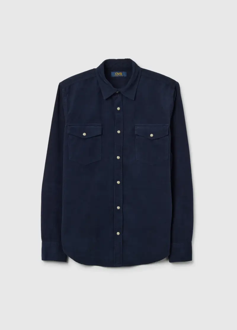 Camicia In Puro Cotone Blu Regular Fit In Velluto A Coste, Uomo, Blu