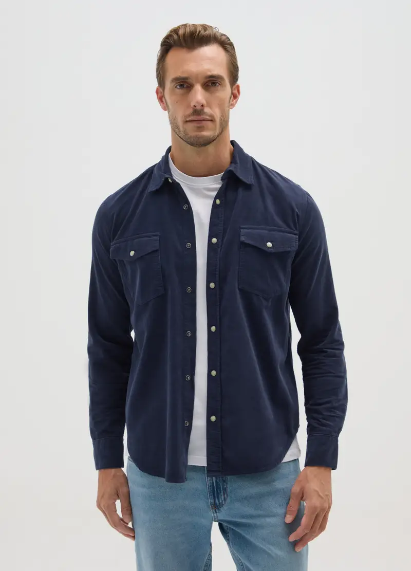 Camicia In Puro Cotone Blu Regular Fit In Velluto A Coste, Uomo, Blu miniatura 2