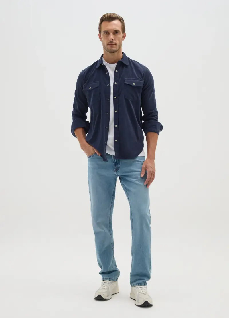 Camicia In Puro Cotone Blu Regular Fit In Velluto A Coste, Uomo, Blu