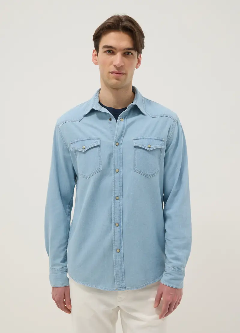 Camicia In Puro Cotone Denim Azzurro Regular Fit Con Tasche, Uomo, Azzurro