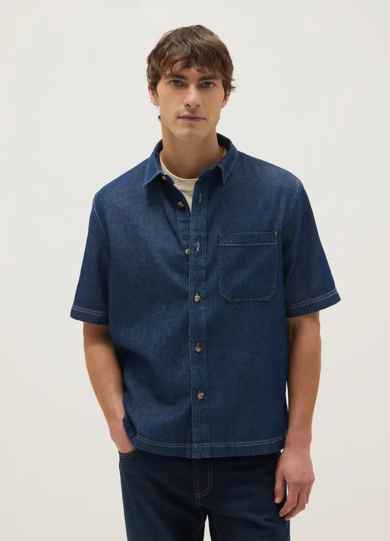 Camicia In Puro Cotone Denim Blu Regular Fit Con Tasca Sul Petto, Uomo, Blu miniatura 2